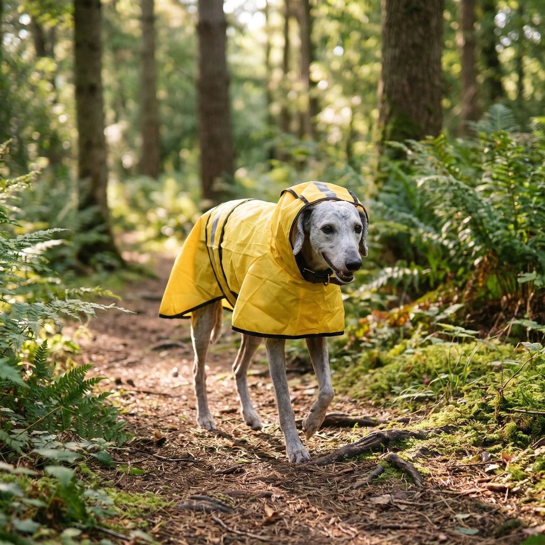 Dog wearing the hooded dog raincoat in Yellow on a forest trail