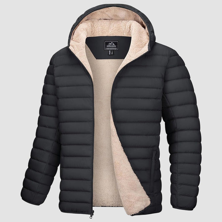 Men's quilted jacket in Black with sherpa lining, front view