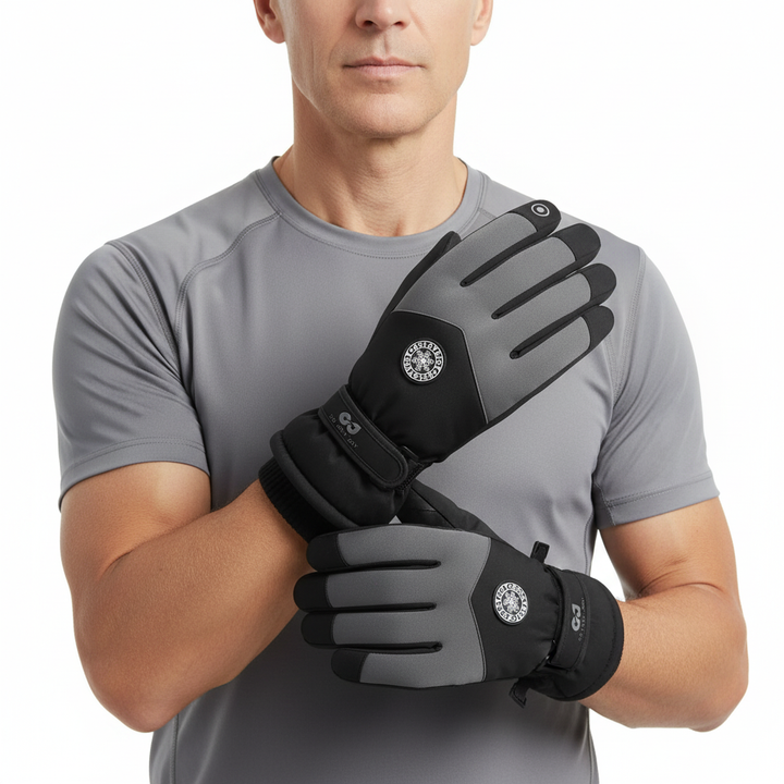 Man wearing the waterproof ski gloves with the wrist strap closed