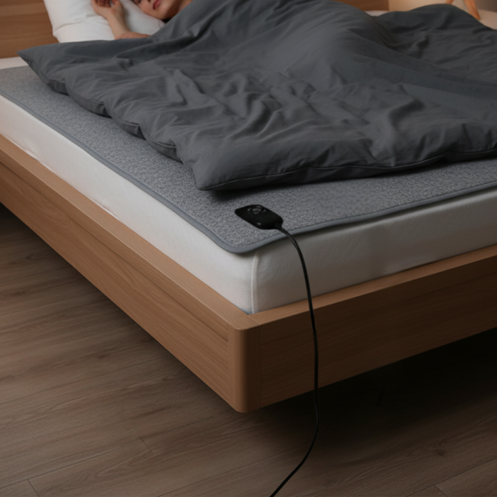 Portable heated blanket on a bed under a comforter