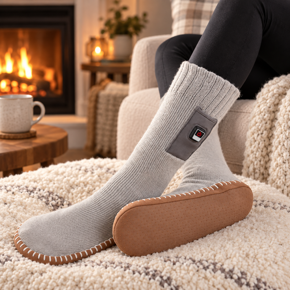 Feet in the heated slipper socks resting on a blanket by the fireplace