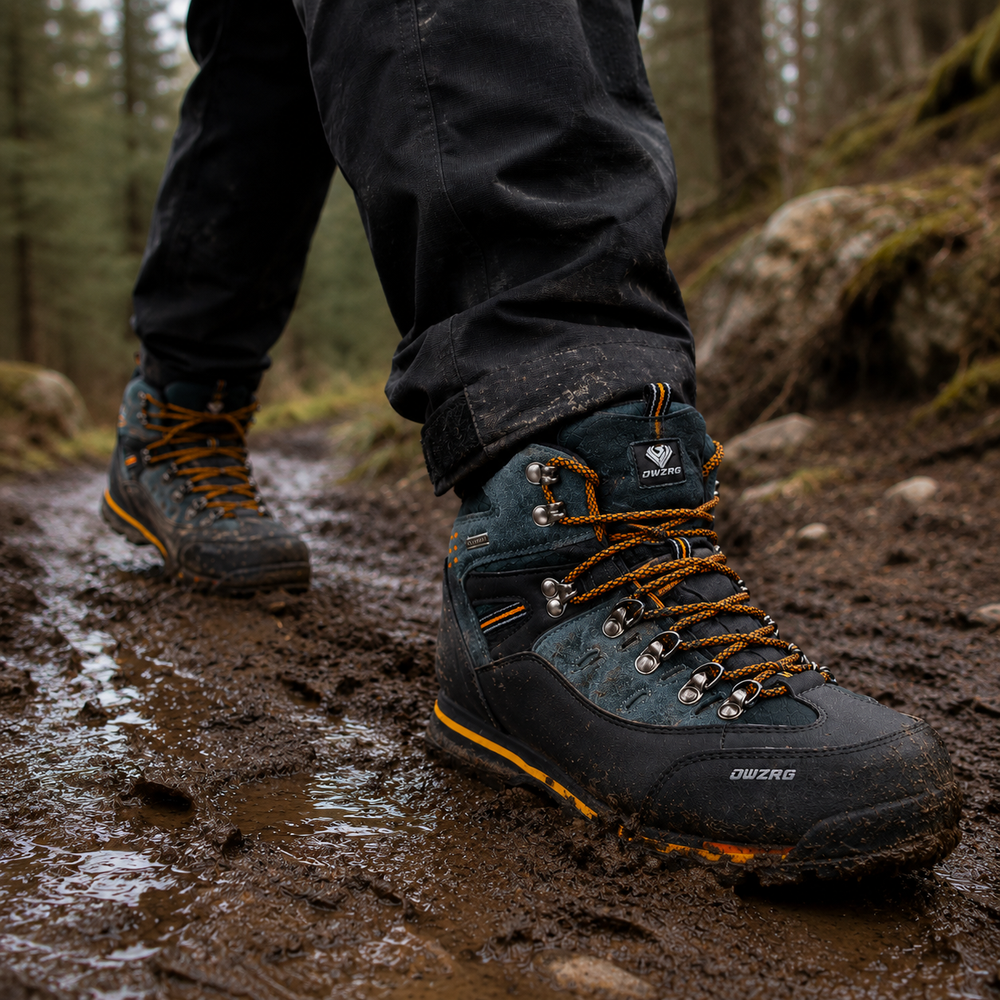 Hiker on a muddy trail wearing the waterproof hiking boots in Black Yellow