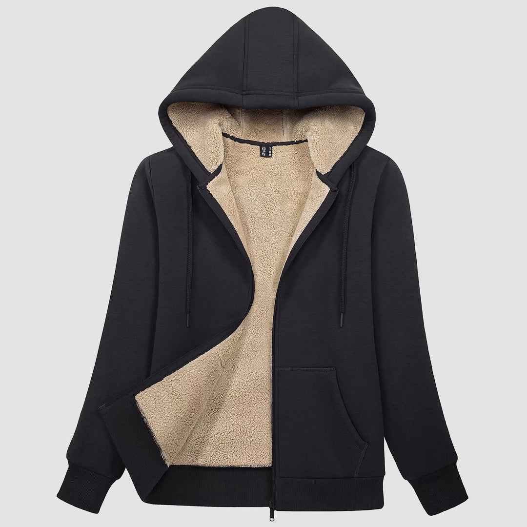 Women's sherpa lined zip up hoodie in Black, front view