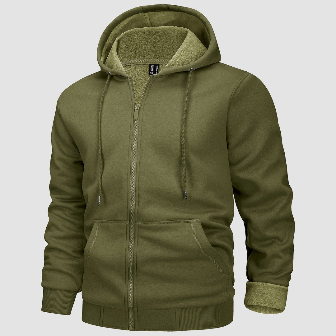 Men's zip up hoodie in Army Green, front view