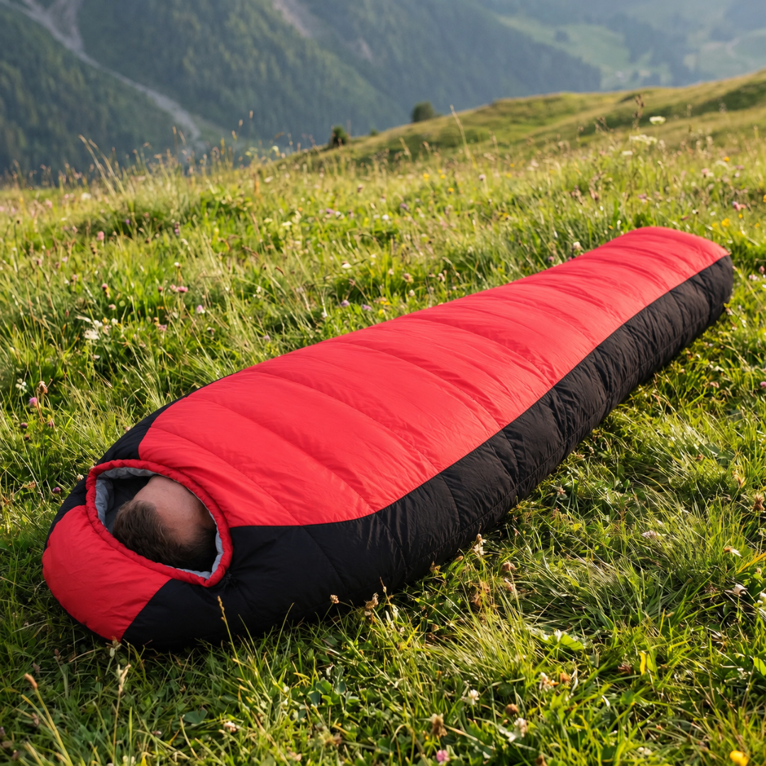 Sleeping in the red mummy sleeping bag on a grassy mountain slope