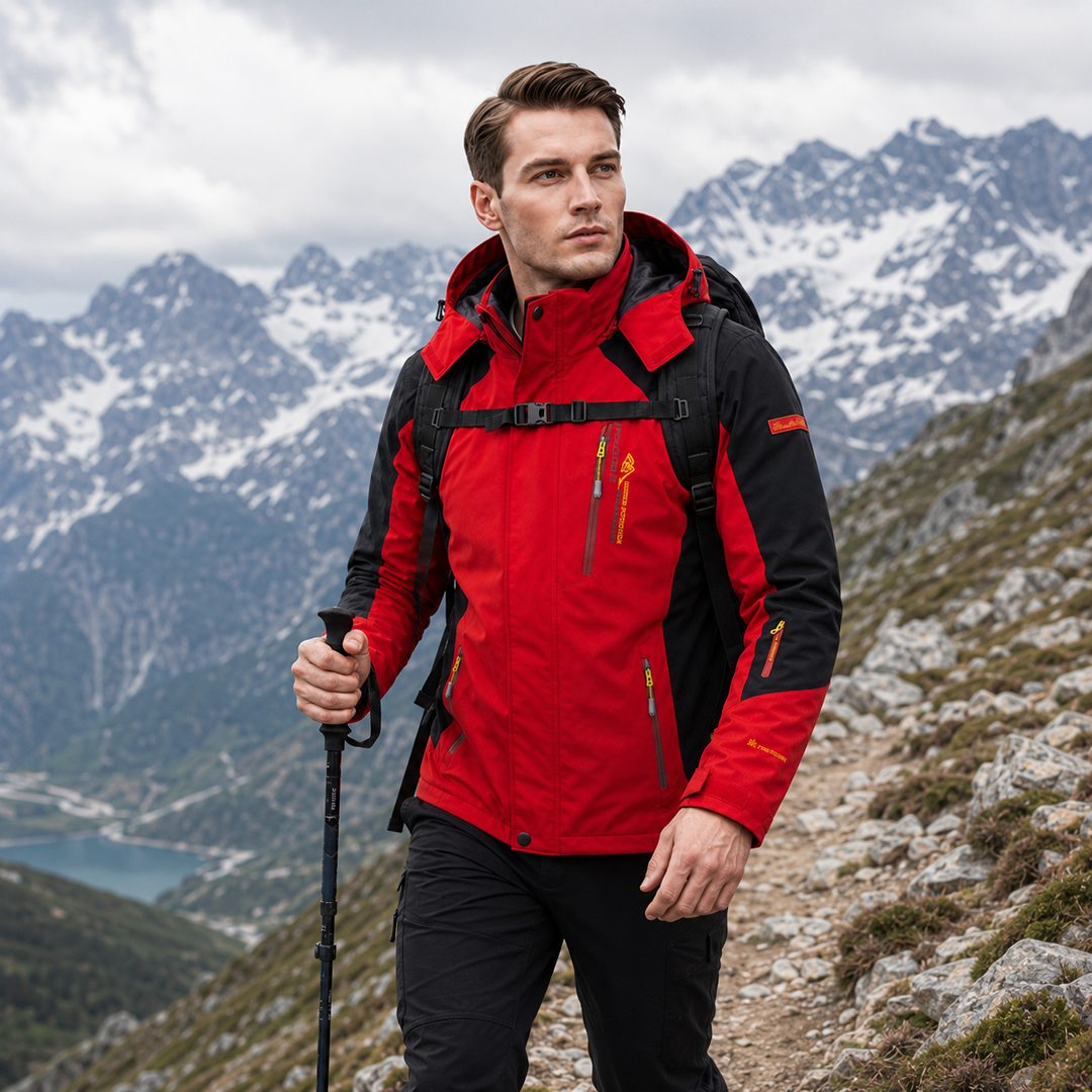 Hiker on a mountain trail wearing the red shell jacket