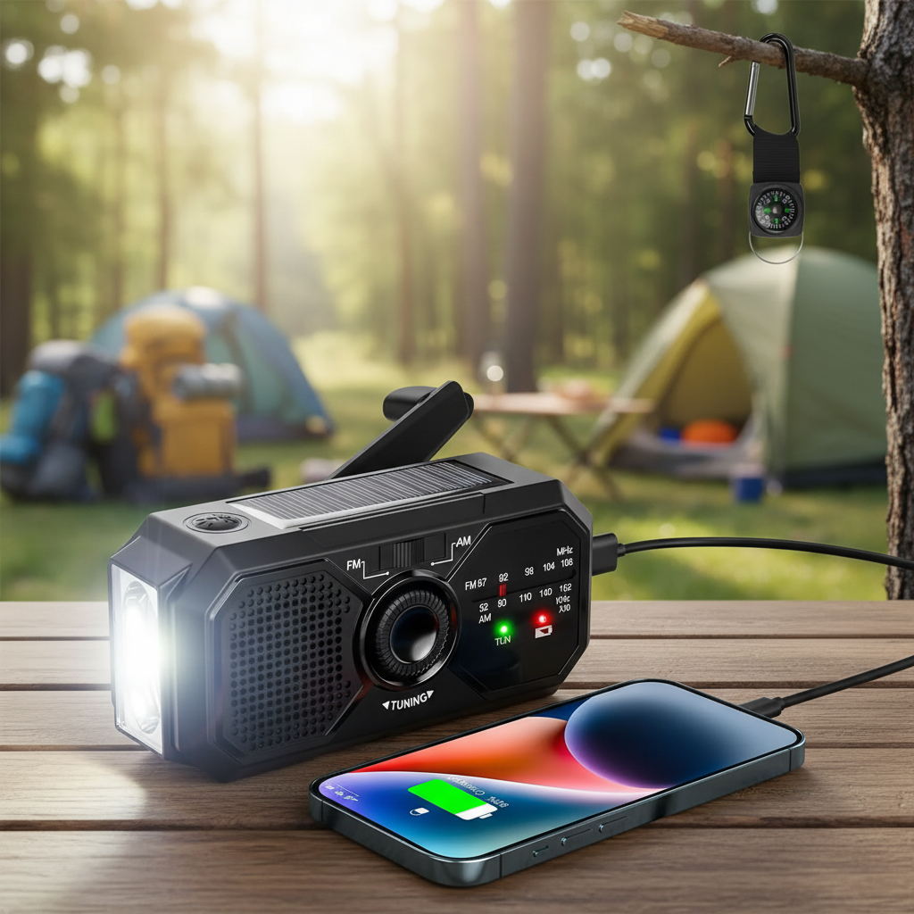 Pocket solar crank radio charging a phone on a camp table