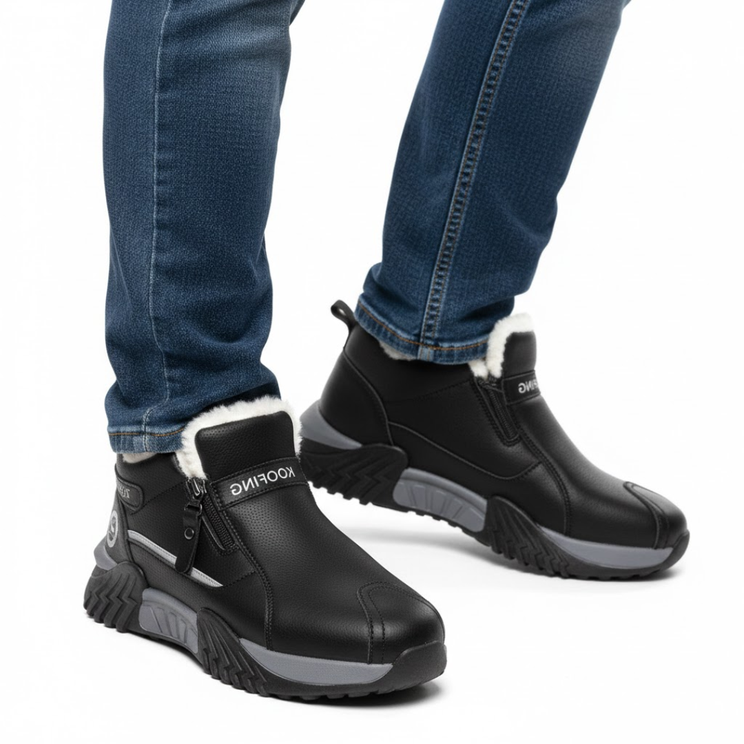 Man wearing the fleece lined winter shoes in Black with jeans