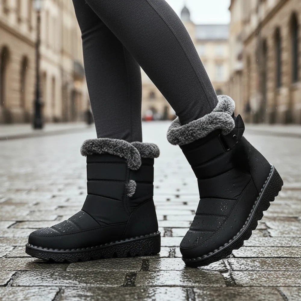 Woman walking in the city in the fur lined snow boots in Black