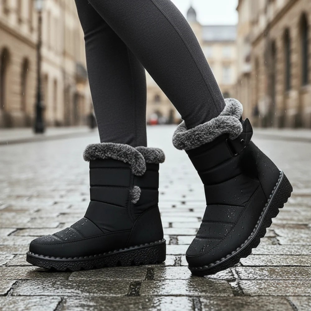 Woman walking in the city in the fur lined snow boots in Black