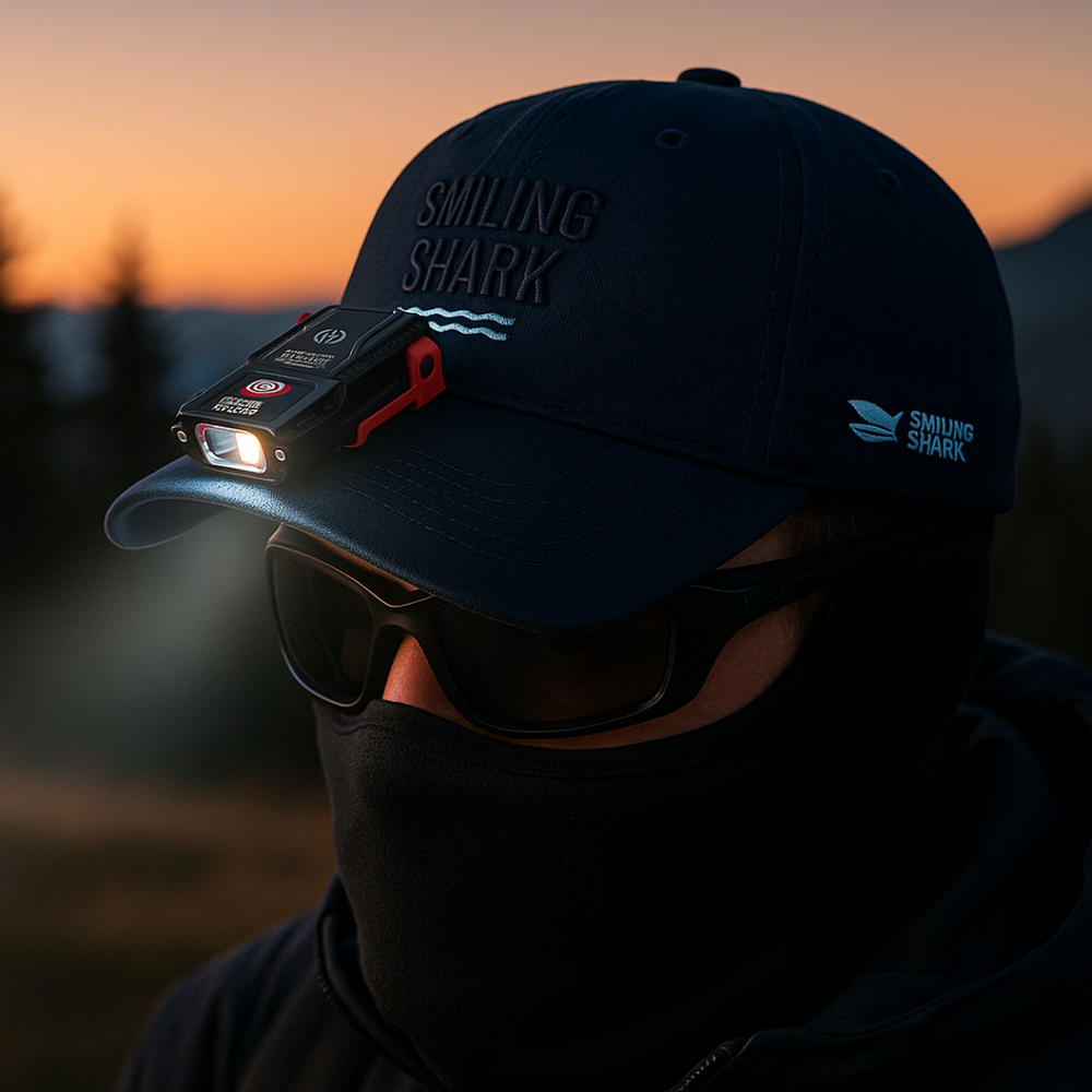 Man wearing the rechargeable cap light on his cap at dusk
