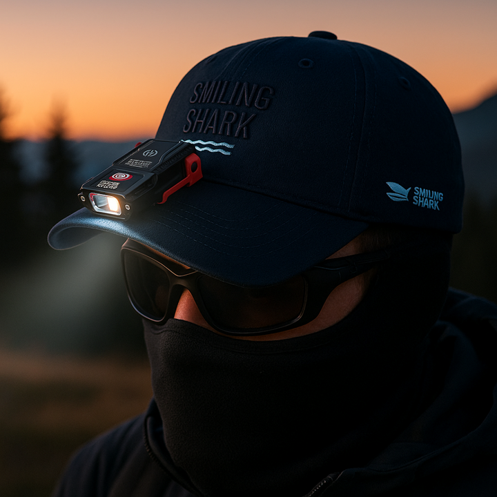 Man wearing the rechargeable cap light on his cap at dusk
