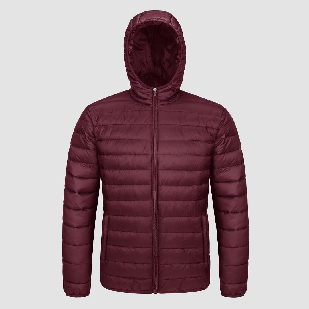 Men's hooded puffer jacket in Wine, front view