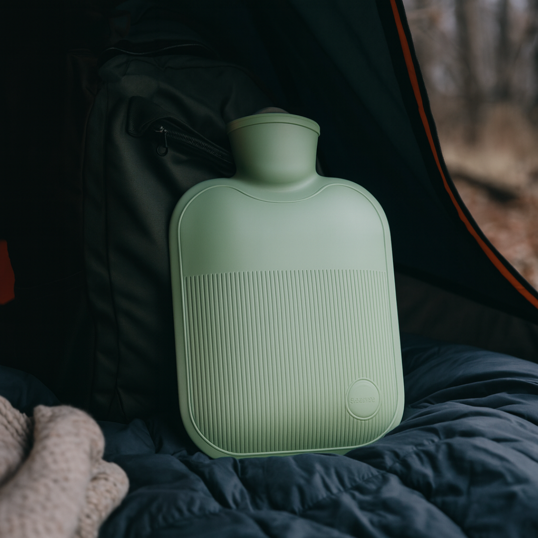 Hot water bottle in Sage Green on a sleeping bag in a tent