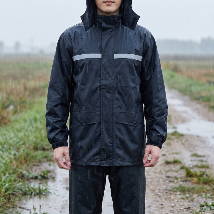 Man standing in the rain on a muddy road wearing the black rain suit