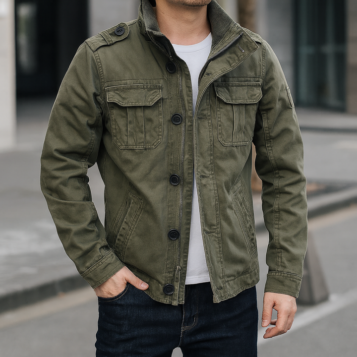 Man wearing the men's military jacket in Army Green in the city