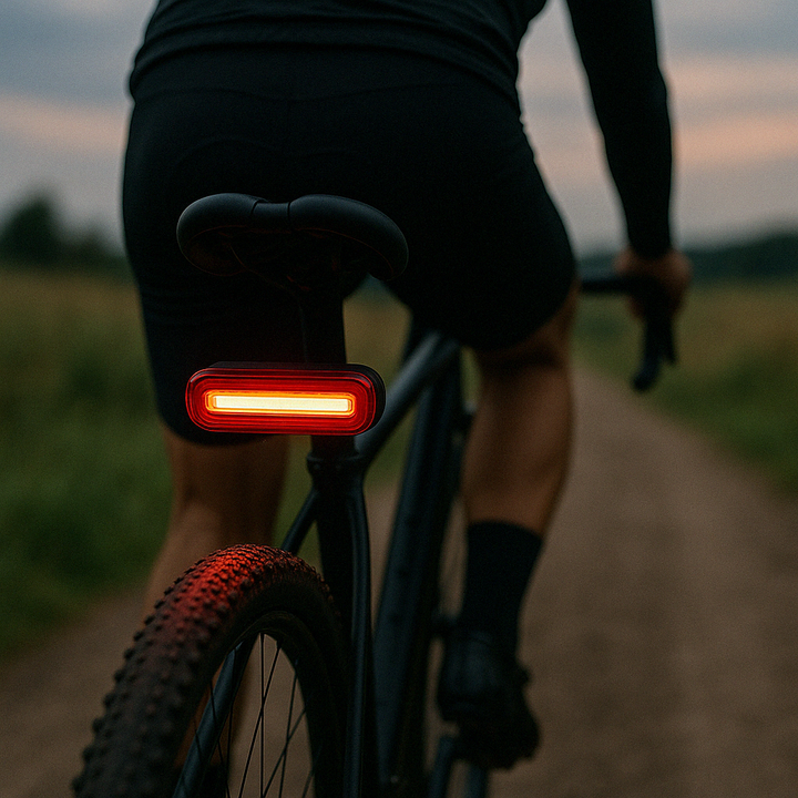 Cyclist at dusk with the rear bike light on the seat post