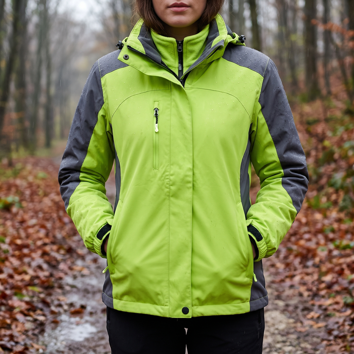 Woman on a forest trail wearing the 3 in 1 hiking jacket in Lime Green