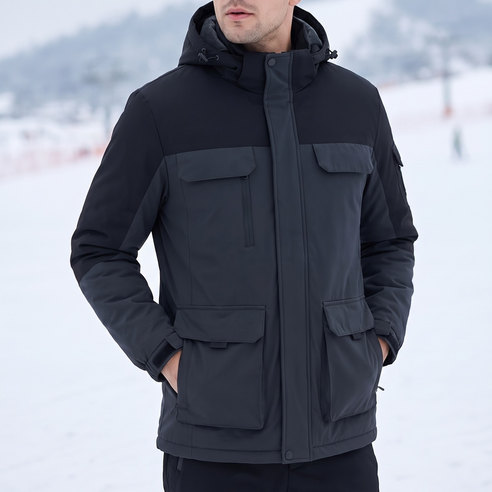 Man wearing the hooded ski jacket on the slopes