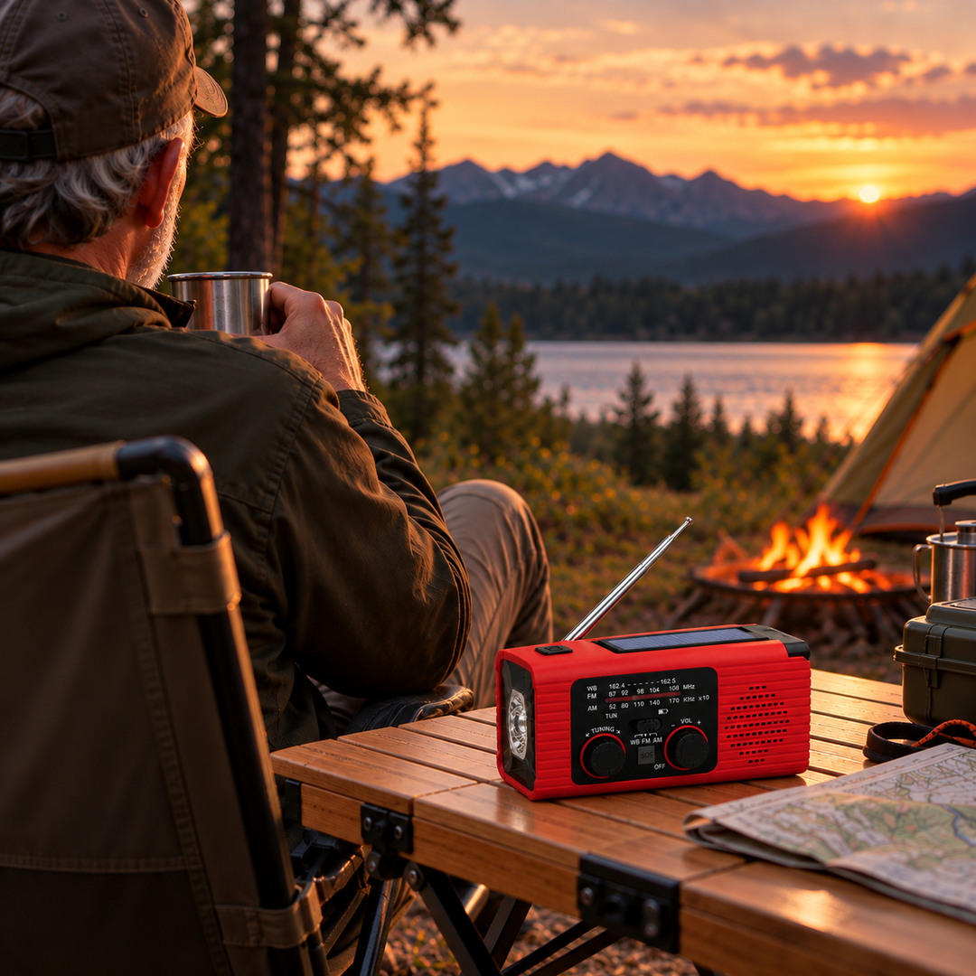 Man listening to the weather radio at a campsite at sunset