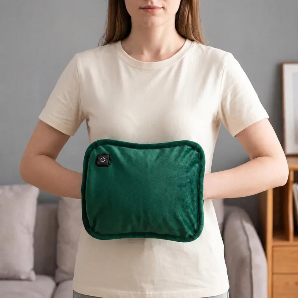 Woman warming both hands inside the green hand warmer pouch