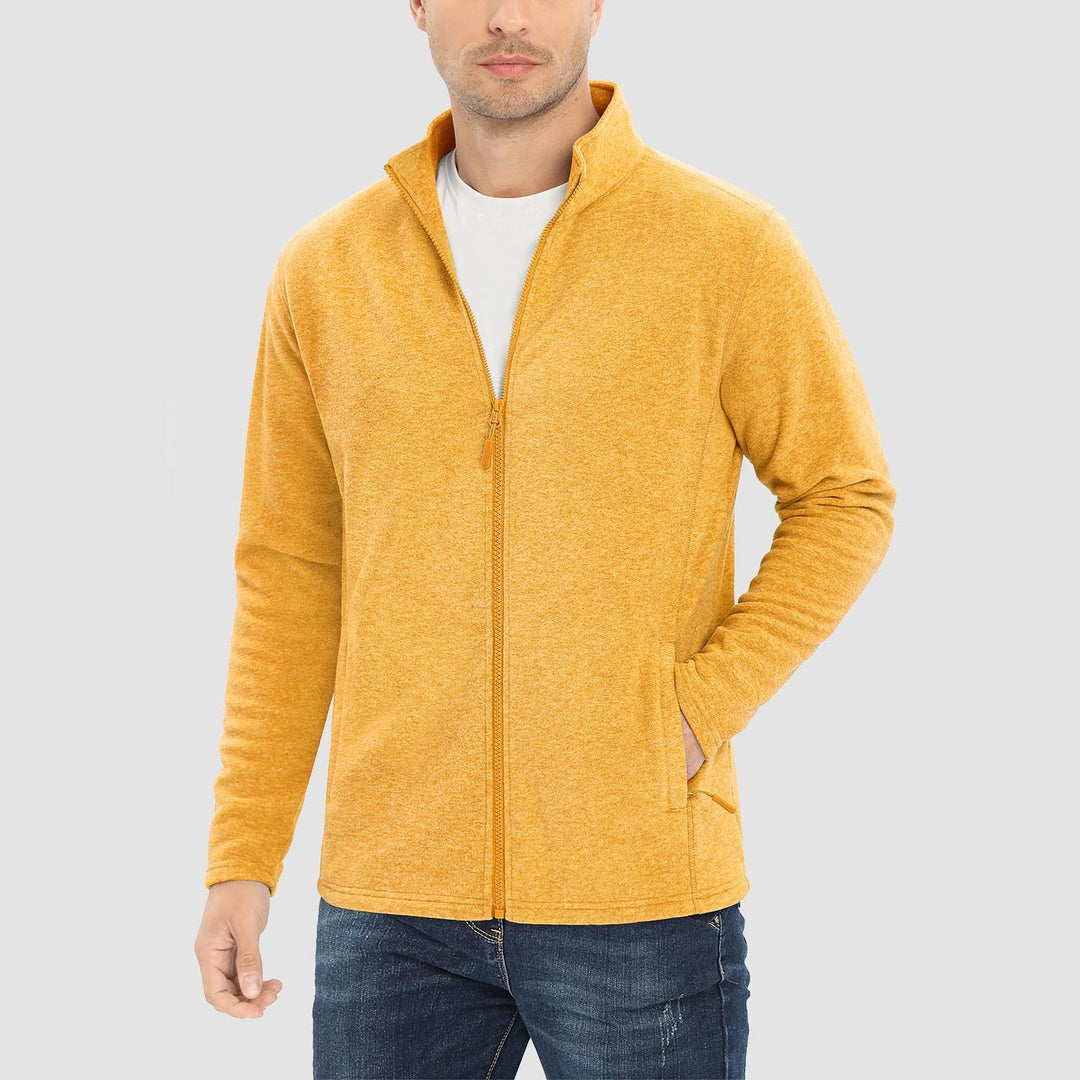 Men's full zip fleece jacket in Yellow, worn, front view