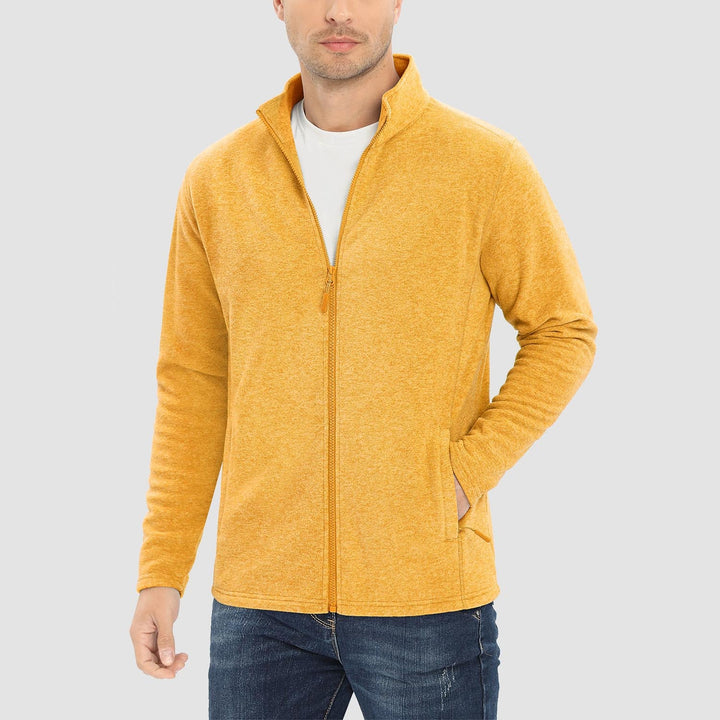 Men's full zip fleece jacket in Yellow, worn, front view