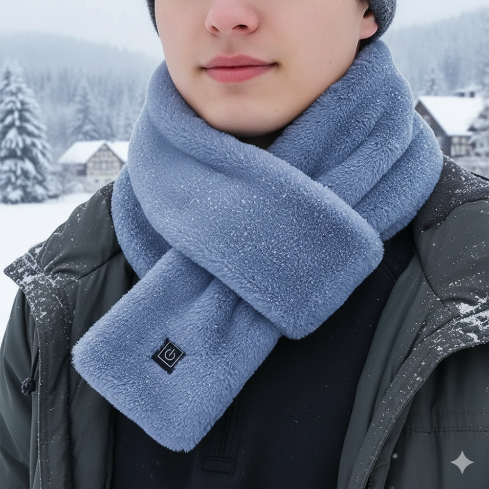 Man wearing the heated scarf in Blue Gray in the snow