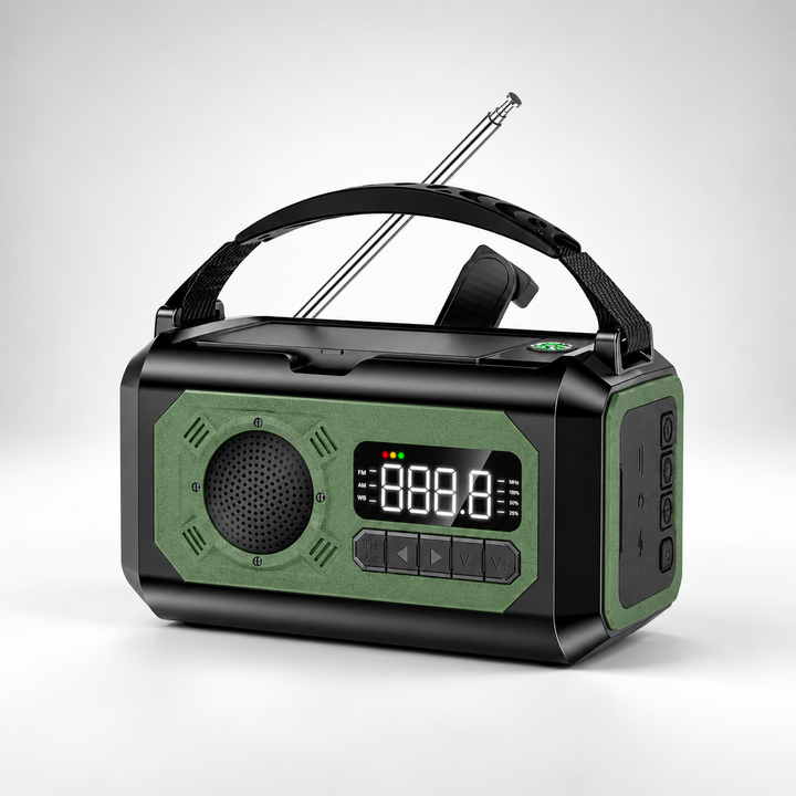Green NOAA weather radio with 12000mAh power bank, carry handle, speaker and digital display