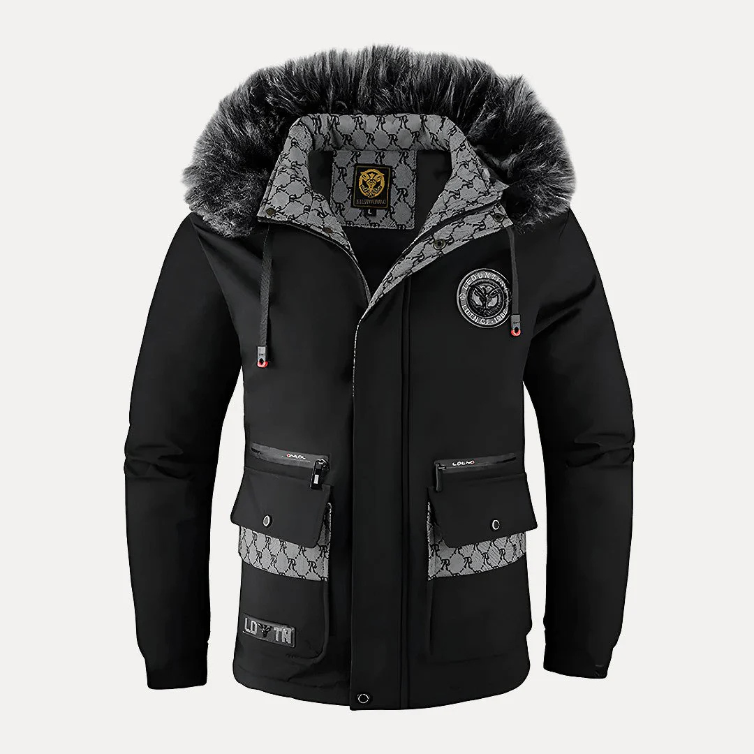 Men's parka in black with faux fur trimmed hood and patterned pocket panels