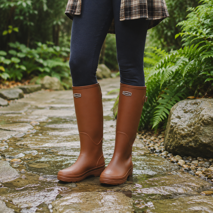 Woman walking on a wet path in the knee high rain boots in Brown