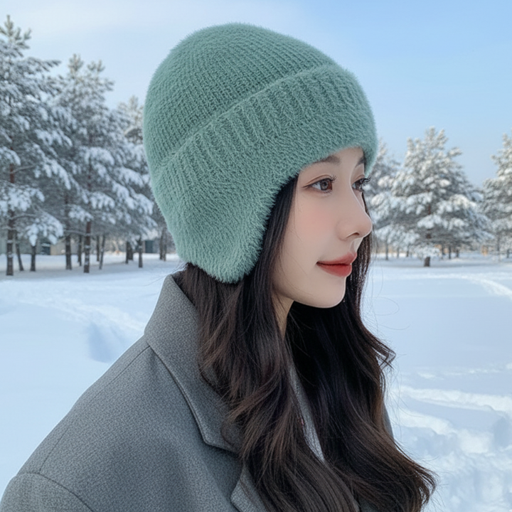 Woman wearing the sage green fuzzy knit beanie with ear flaps in the snow