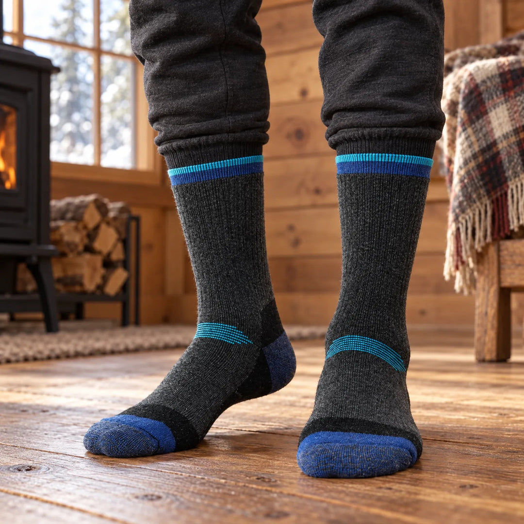 Wool hiking socks in Navy worn by a wood stove in a cabin