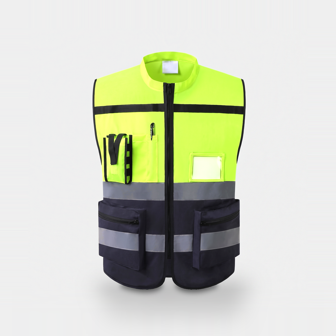Hi-vis safety vest in yellow and navy, front view