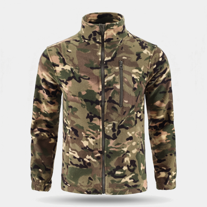 Men's camo fleece jacket front view with stand collar full-length zip and chest pocket