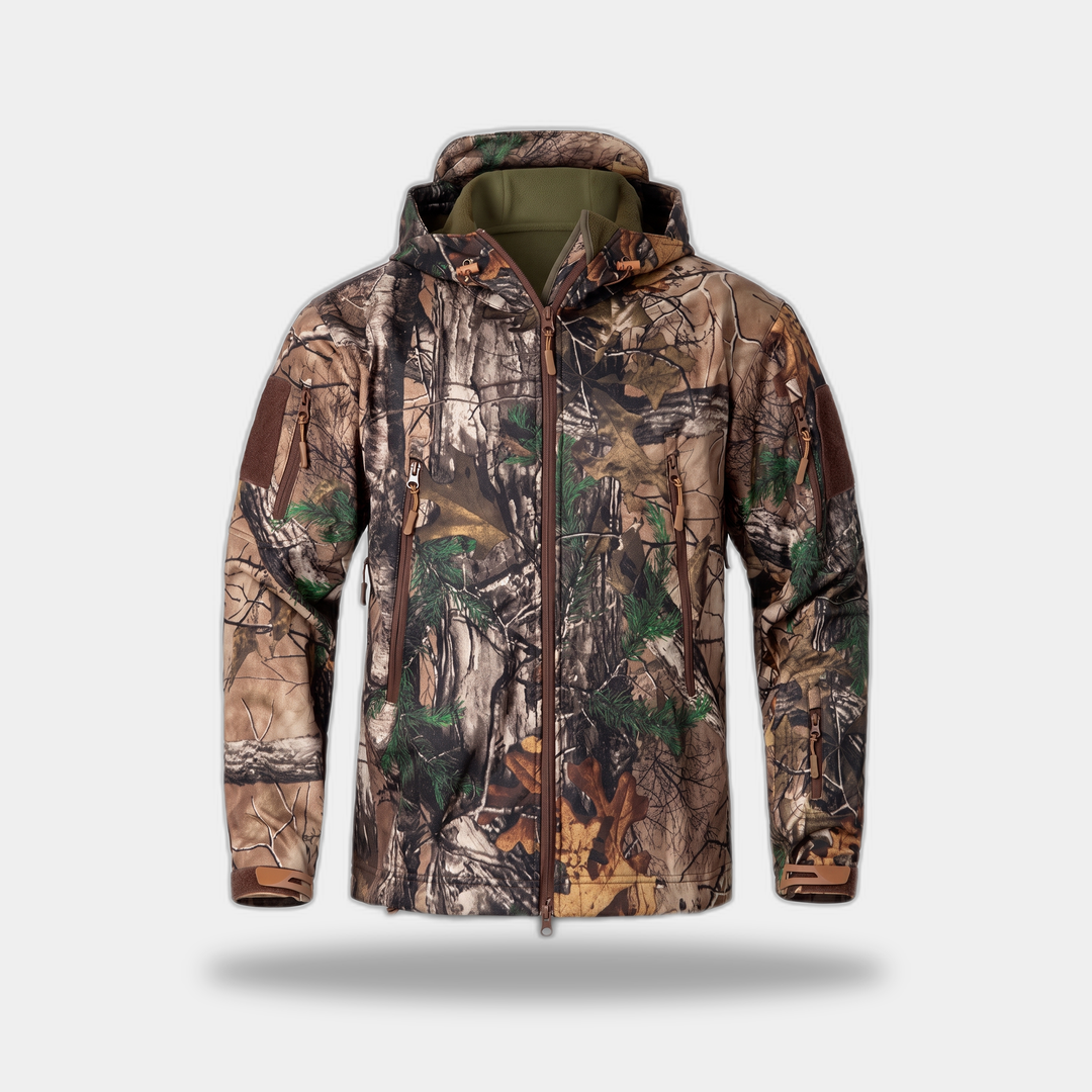 Men's camo hunting softshell jacket Leaf Camo front view with hood and six zip pockets