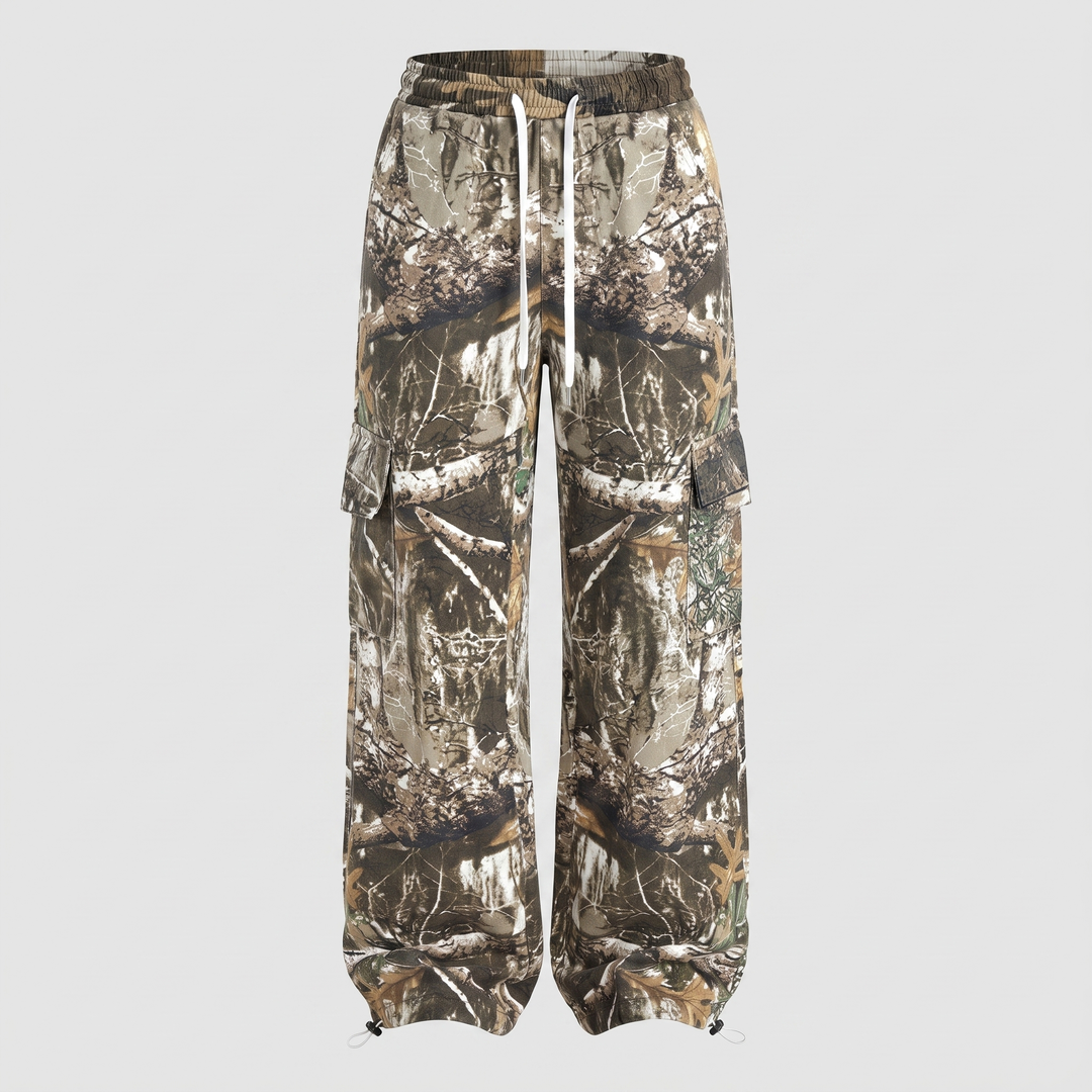 Women's baggy camo cargo pants in Forest Branch Camo, front view