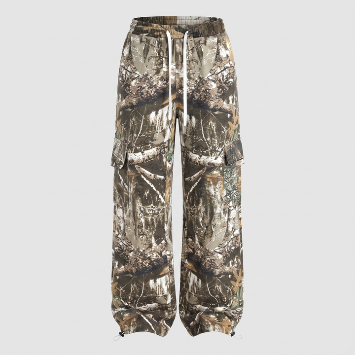 Women's baggy camo cargo pants in Forest Branch Camo, front view