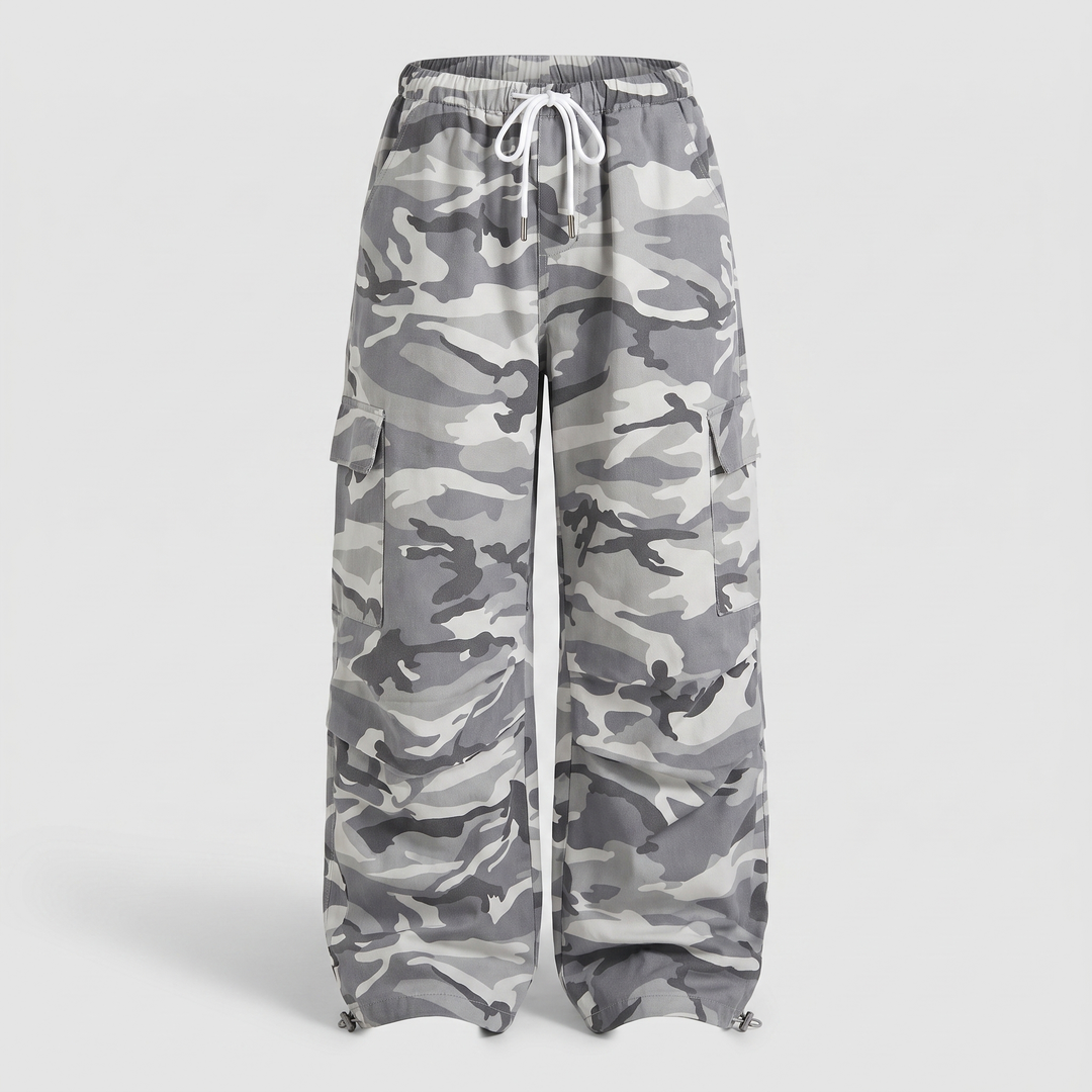Women's baggy camo cargo pants in Grey Camo, front view