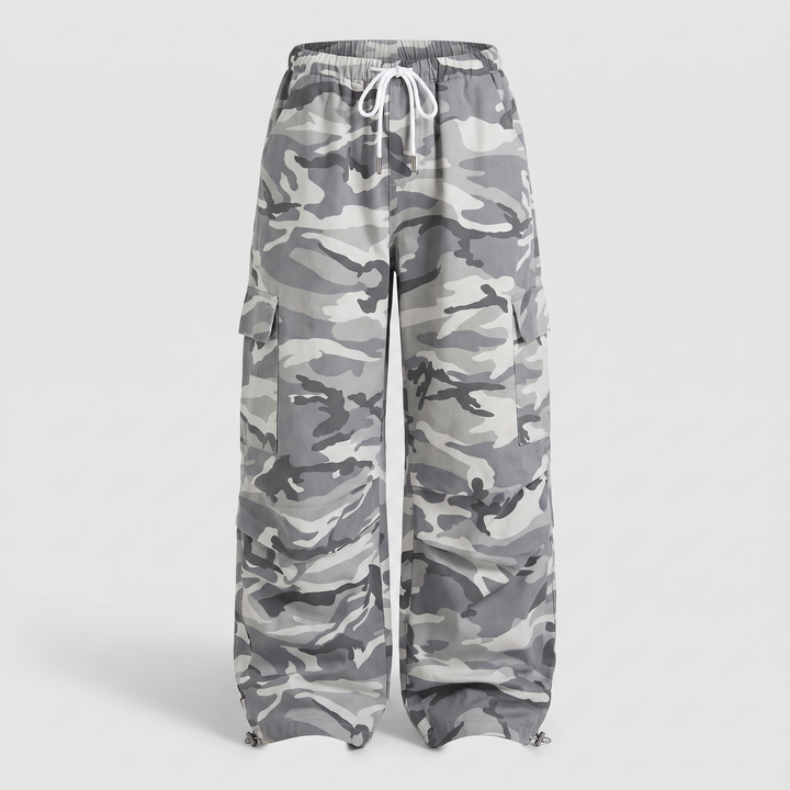 Women's baggy camo cargo pants in Grey Camo, front view