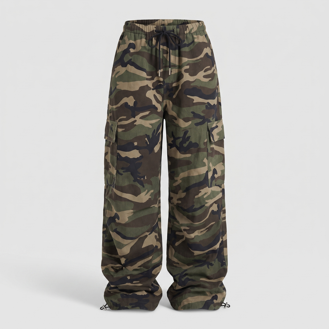 Women's baggy camo cargo pants in Woodland Camo, front view