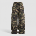 Women's Baggy Cargo Pants - Camo Parachute Pants with Drawstring Hem