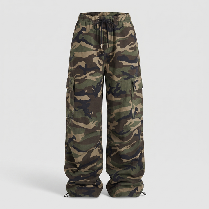Women's baggy camo cargo pants in Woodland Camo, front view