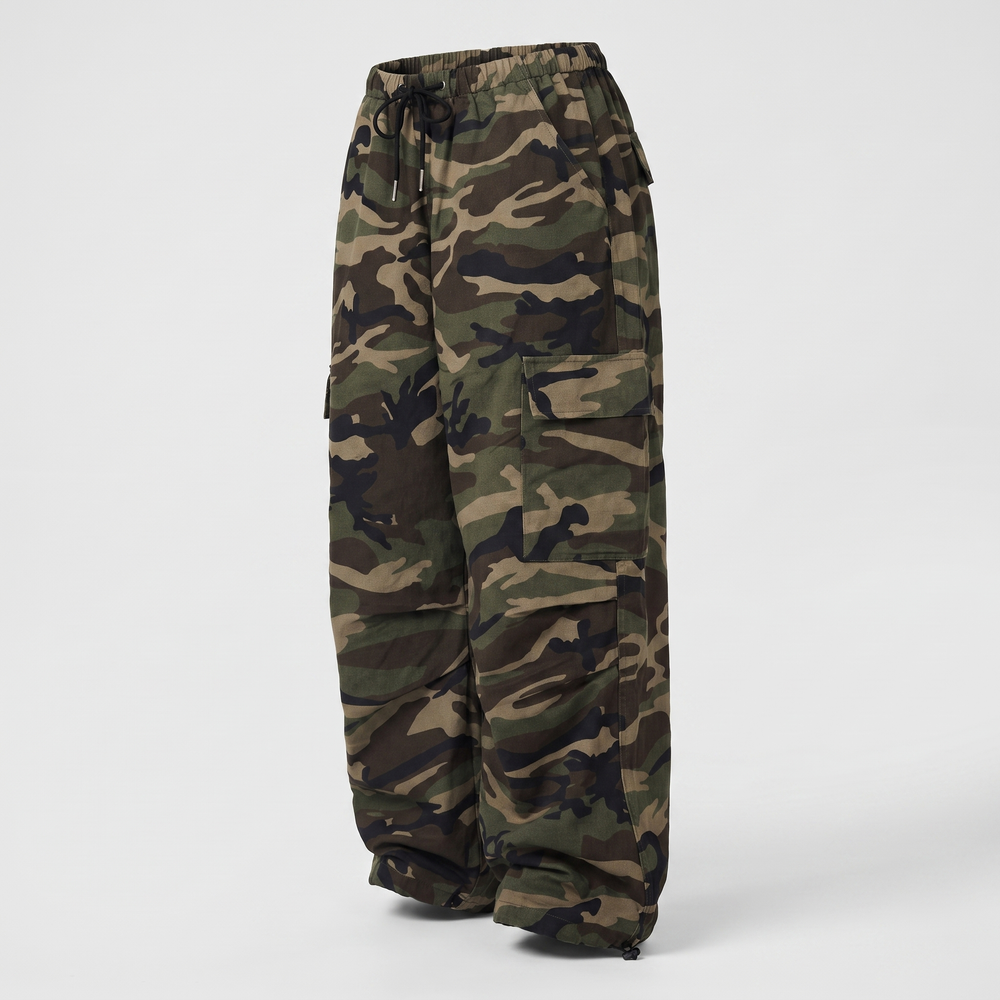 Women's baggy camo cargo pants, side view showing the thigh cargo pocket