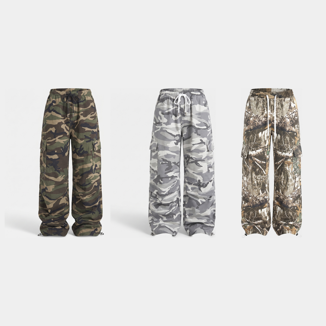 All three camo prints side by side: Woodland, Grey and Forest Branch
