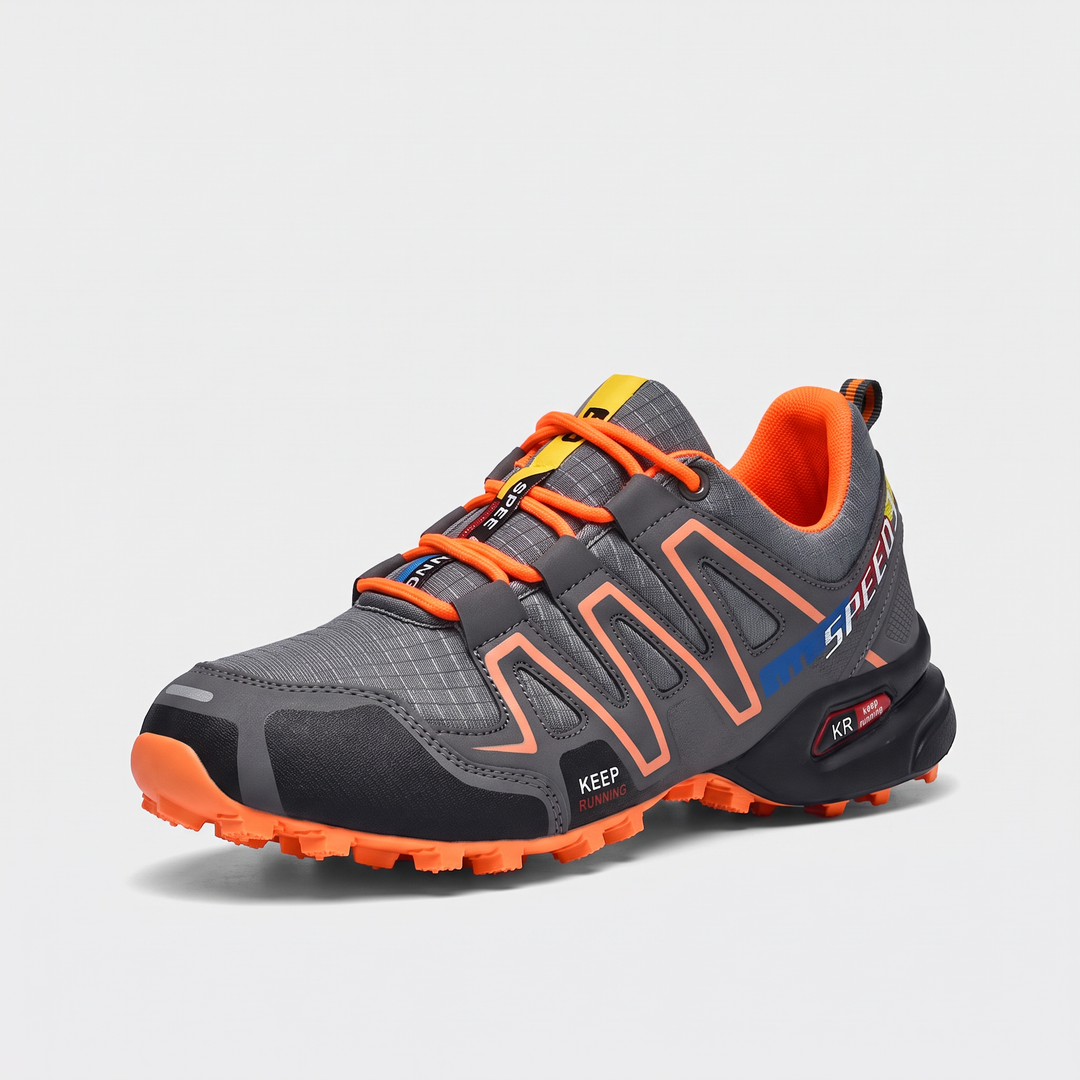 Men's trail running shoes in gray and orange - 3/4 angle view