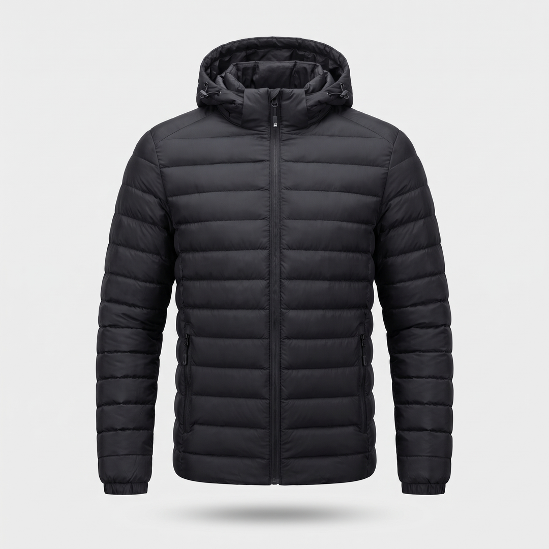Men's hooded puffer jacket in Black, front view