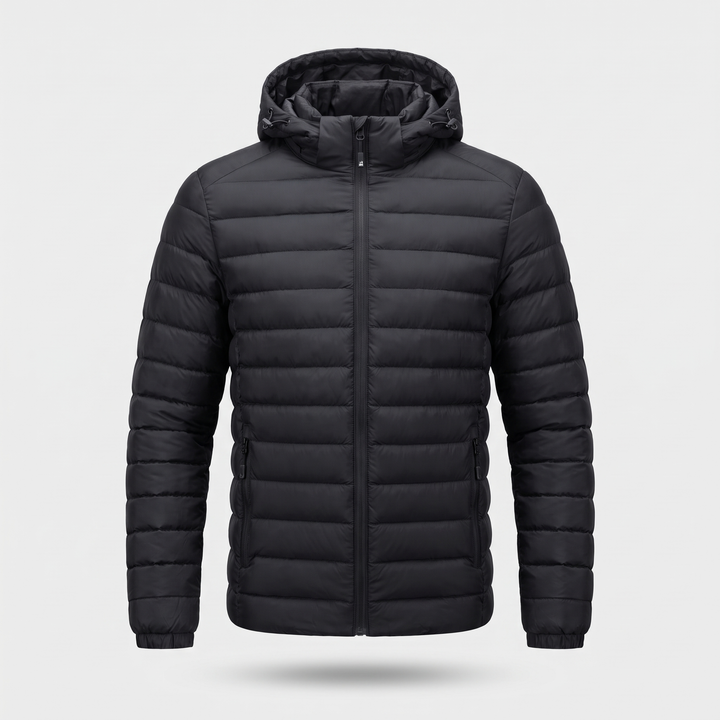 Men's hooded puffer jacket in Black, front view