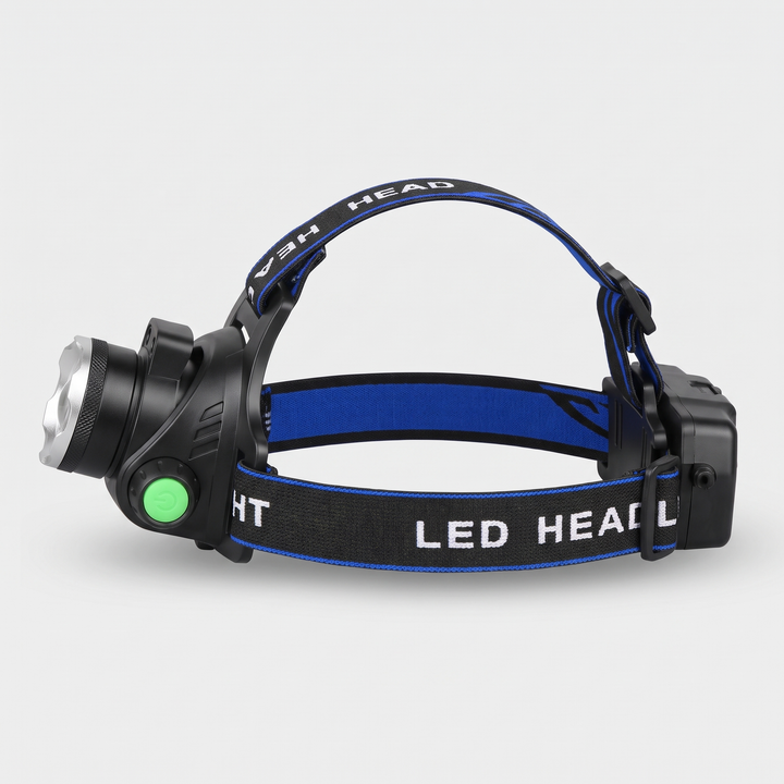 Headlamp side profile showing the lamp head bracket and rear battery box