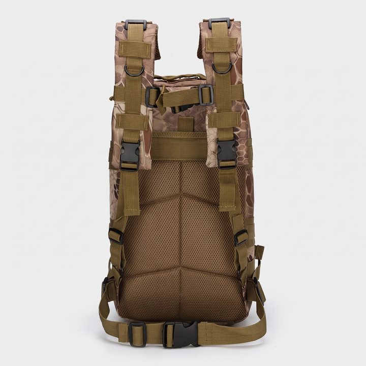 Back view showing padded mesh back panel, shoulder straps, sternum strap and waist strap